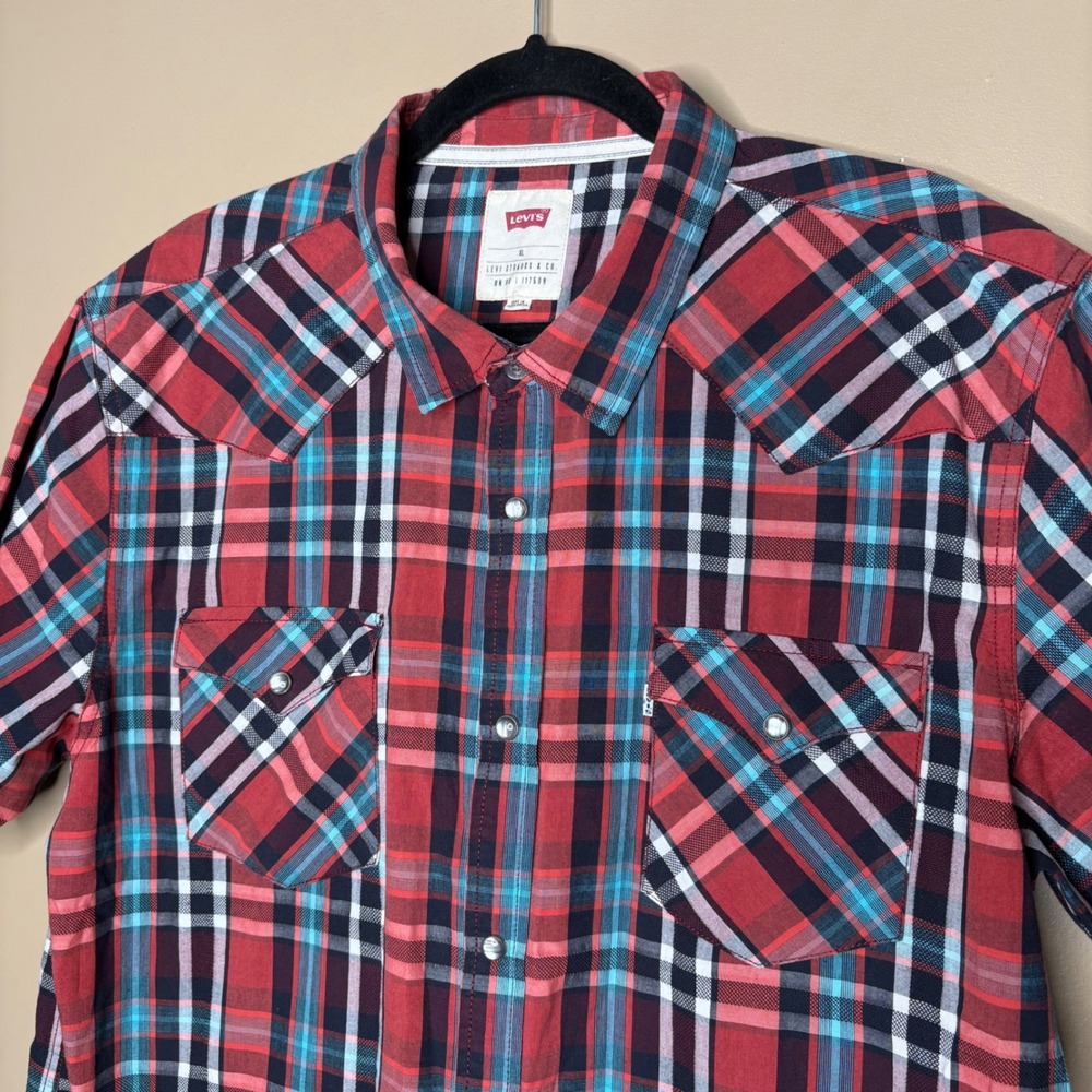 Levi Strauss & Co Mens Sz XL Shirt Pearl Snap Plaid Short Sleeve Western - Picture 2 of 7